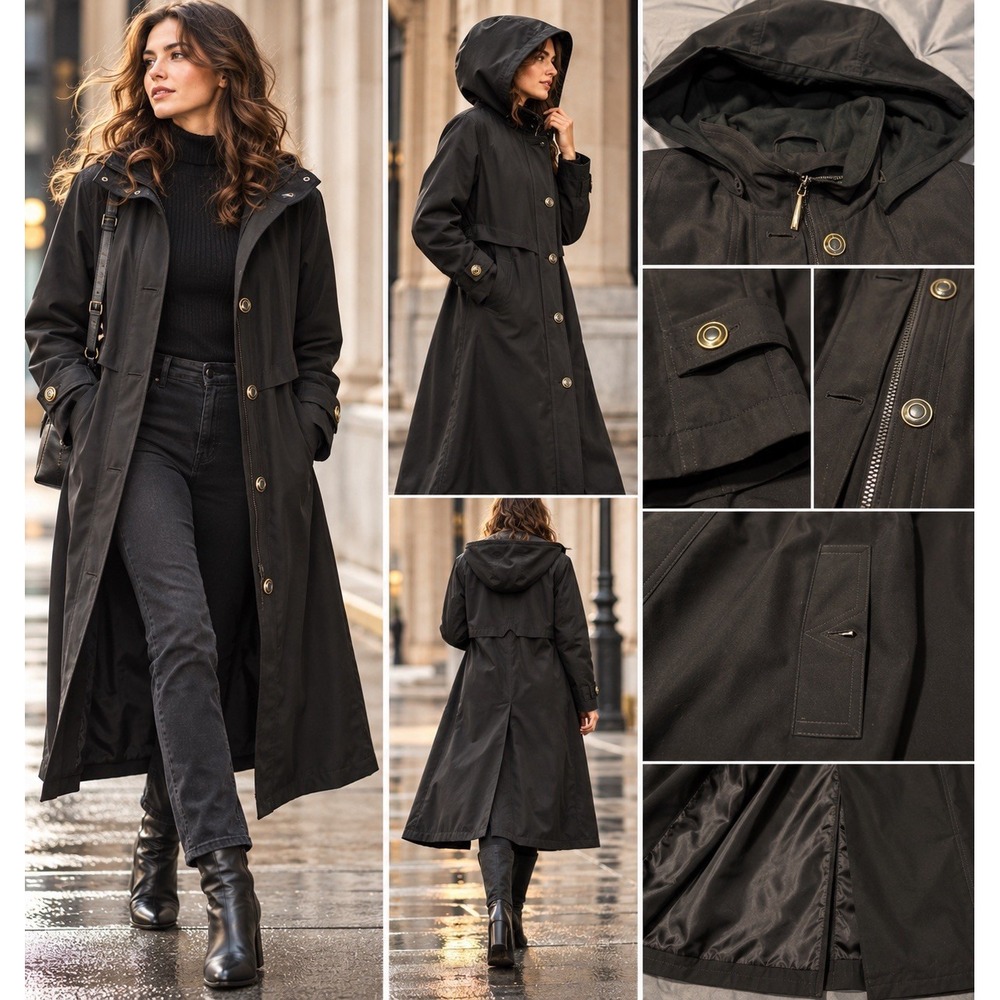 Valerie Stevens Microfiber Womens 16 Black Full Length Hooded Trench Rain Coat